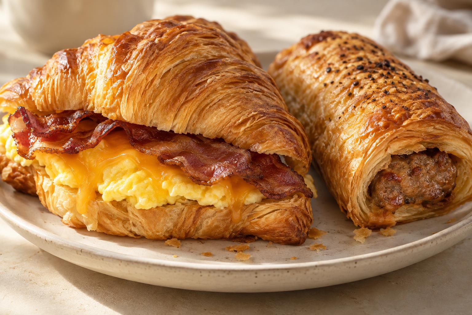 Flaky breakfast croissant and sausage roll