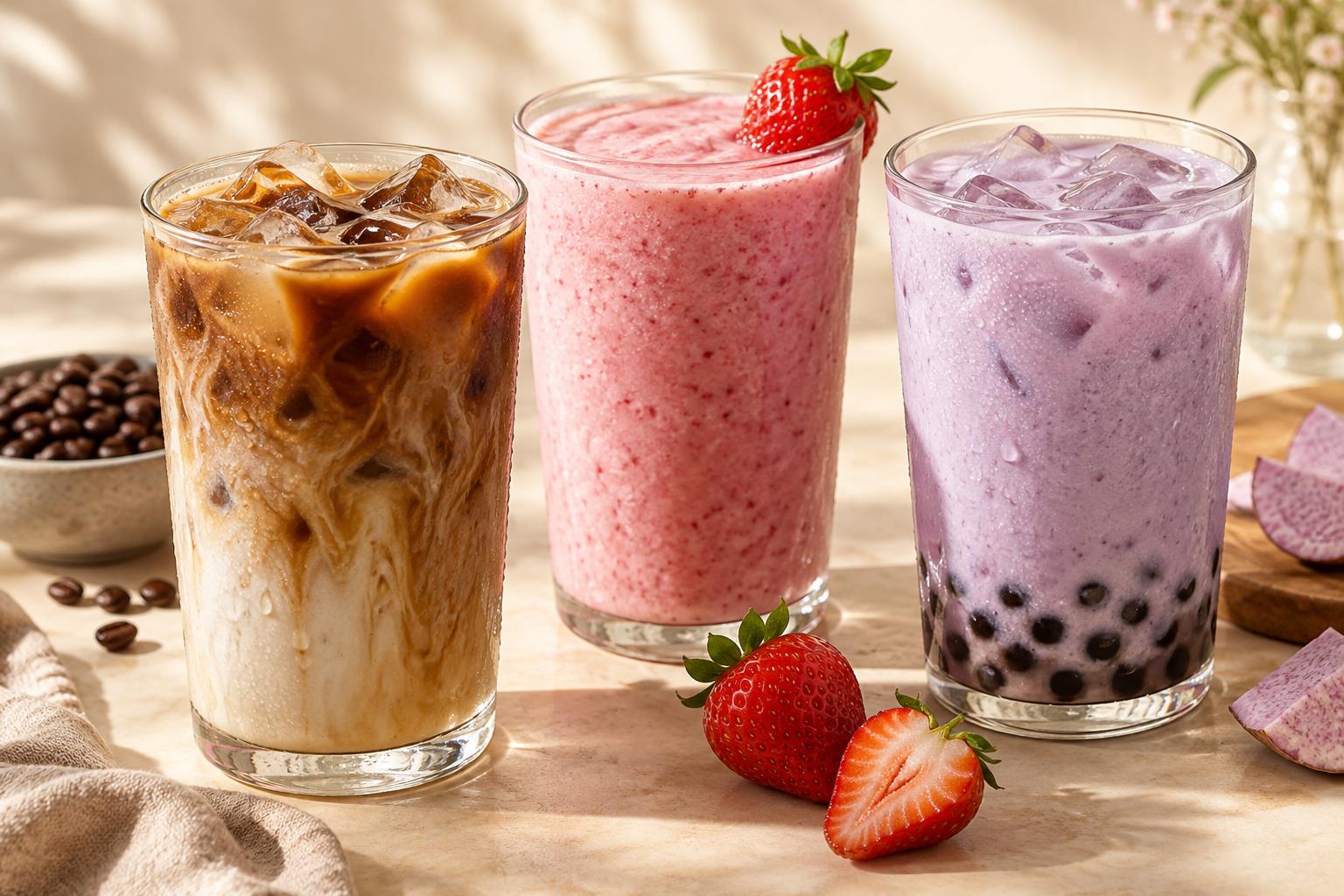 Iced coffee, smoothie and boba tea