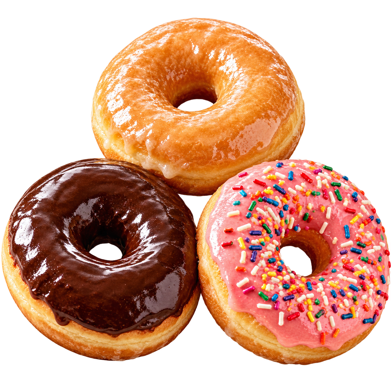 Three whole premium donuts: glazed, chocolate and pink sprinkles